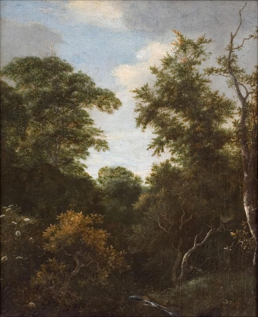 painting of a forest with trees and small shrubs