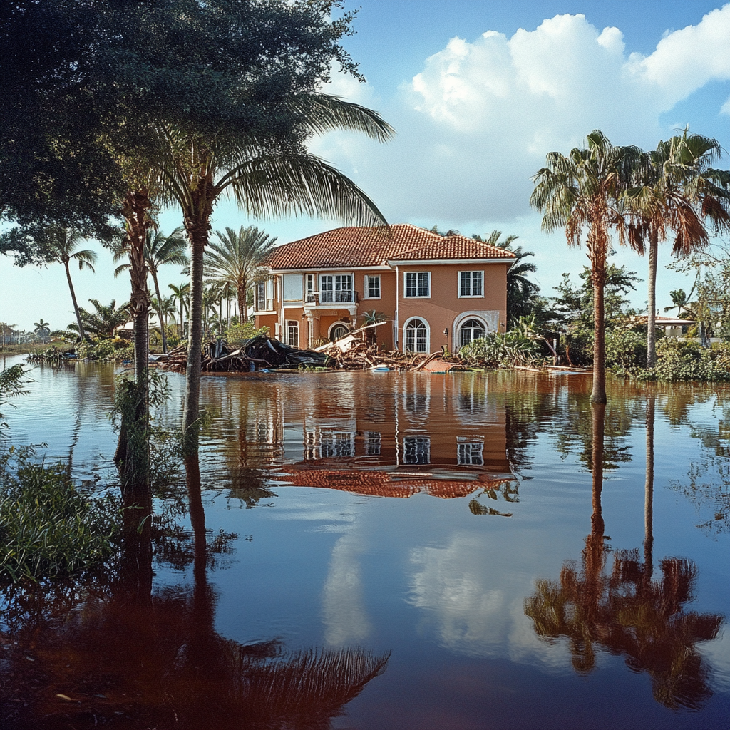 floodwaters with large house and palm trees