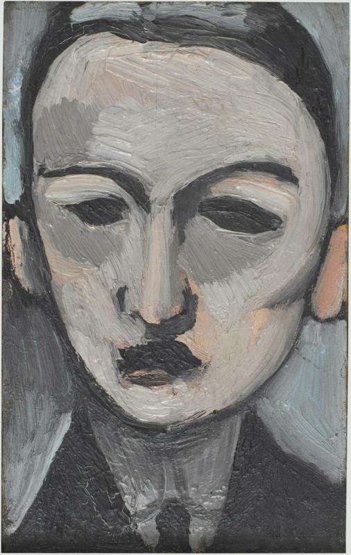 stylistic painting artwork of a man's face in black, white, and cream colors painted by Bonnard, a contemporary of Renoir