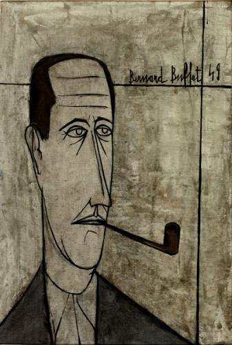 black and white drawing of a man with a pipe in his mouth; Buffet, painting